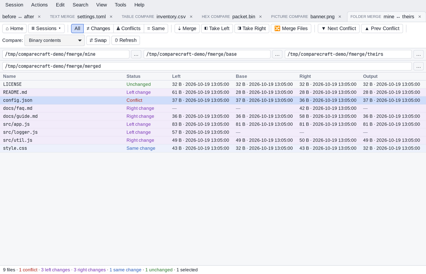 Folder Merge with left, base, right and output folders, and a conflict selected in the file list