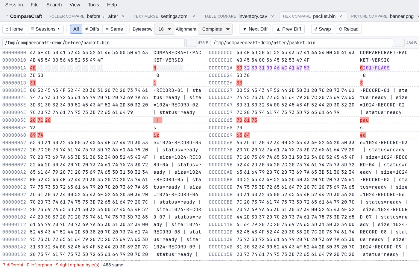 Hex Compare showing two binary files with differing bytes highlighted