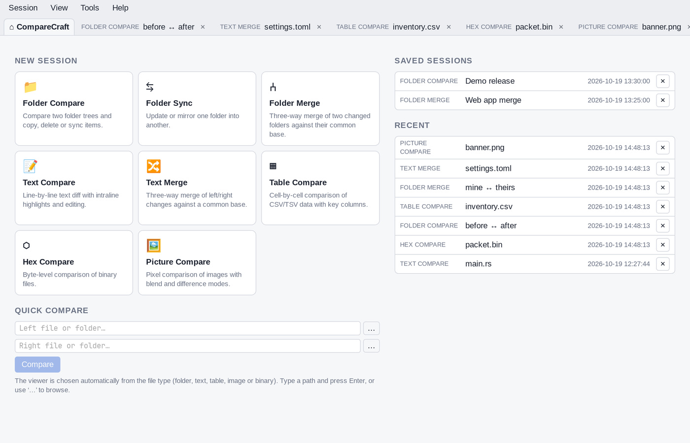 The Home view with new session cards, quick compare, saved sessions and recent comparisons
