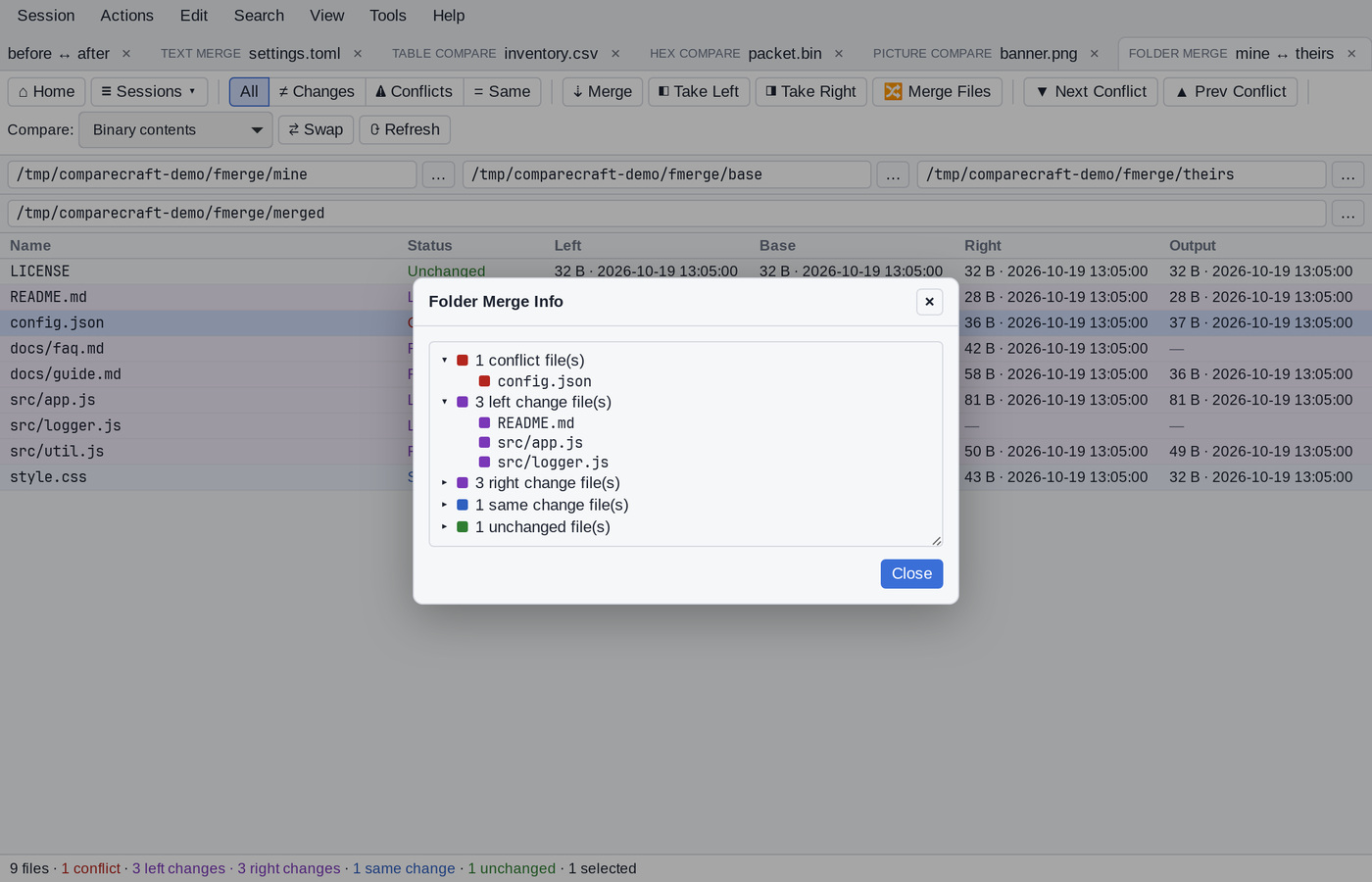 Folder Merge Info with the Conflicts and Left changes categories expanded to show their files