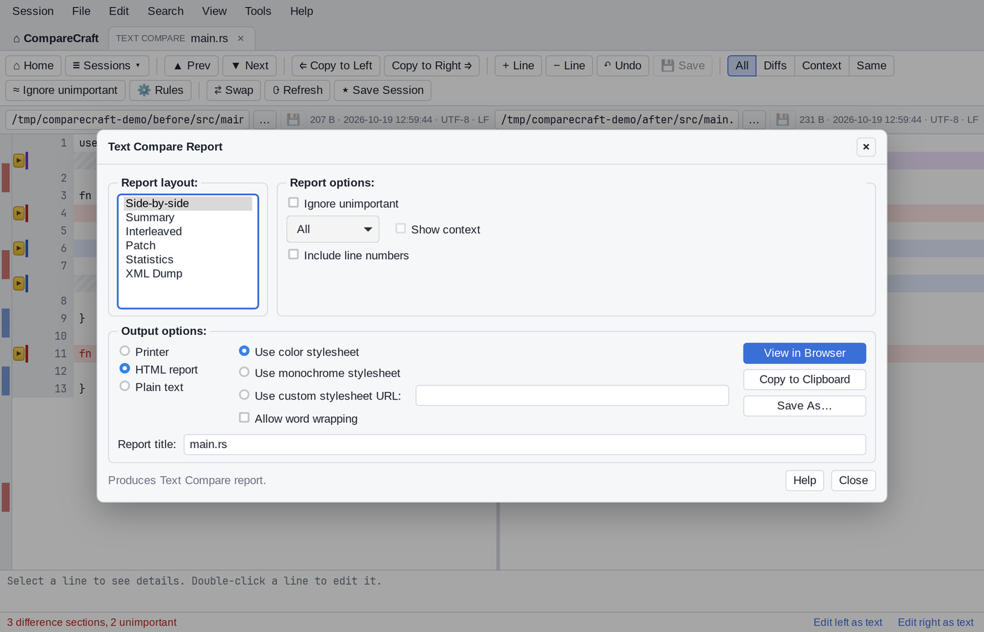 The Text Compare Report dialog with the text layouts, including Patch, Statistics and XML Dump