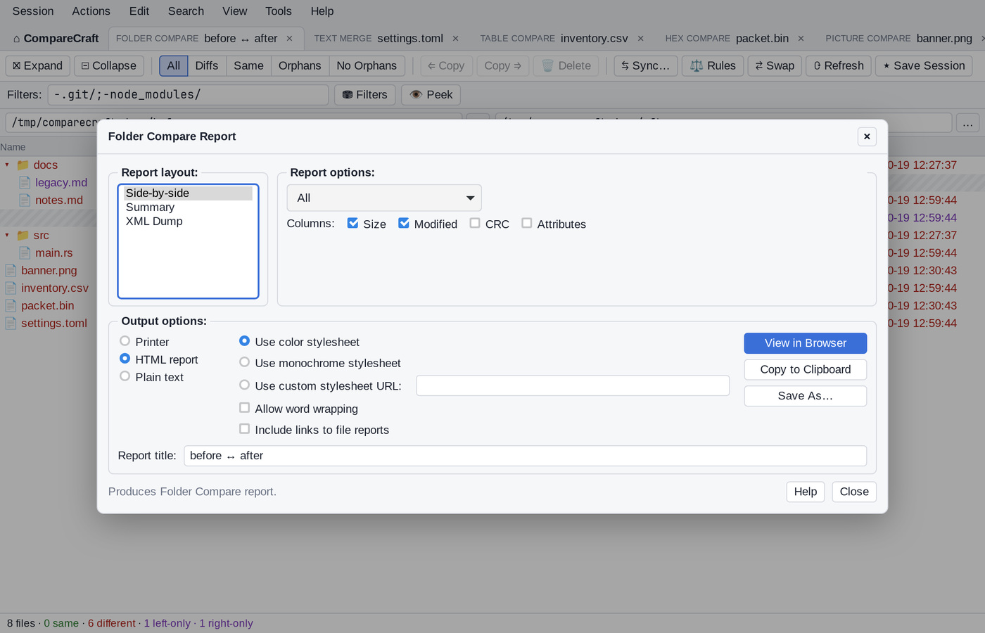 The Folder Compare Report dialog with the report layout, report options and output options