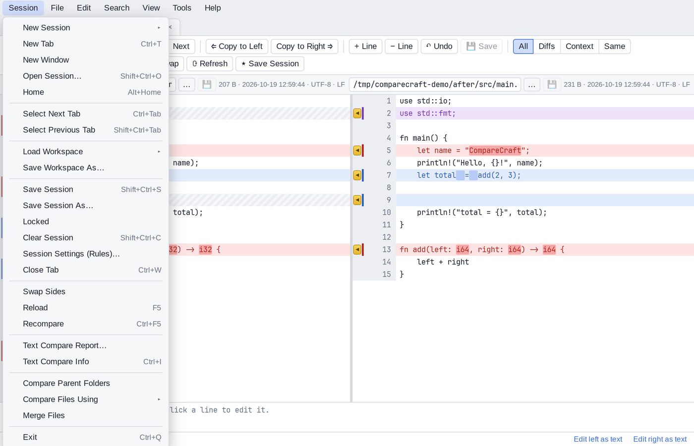 The Session menu of a Text Compare, with the Info and Report commands, workspaces and Compare Parent Folders