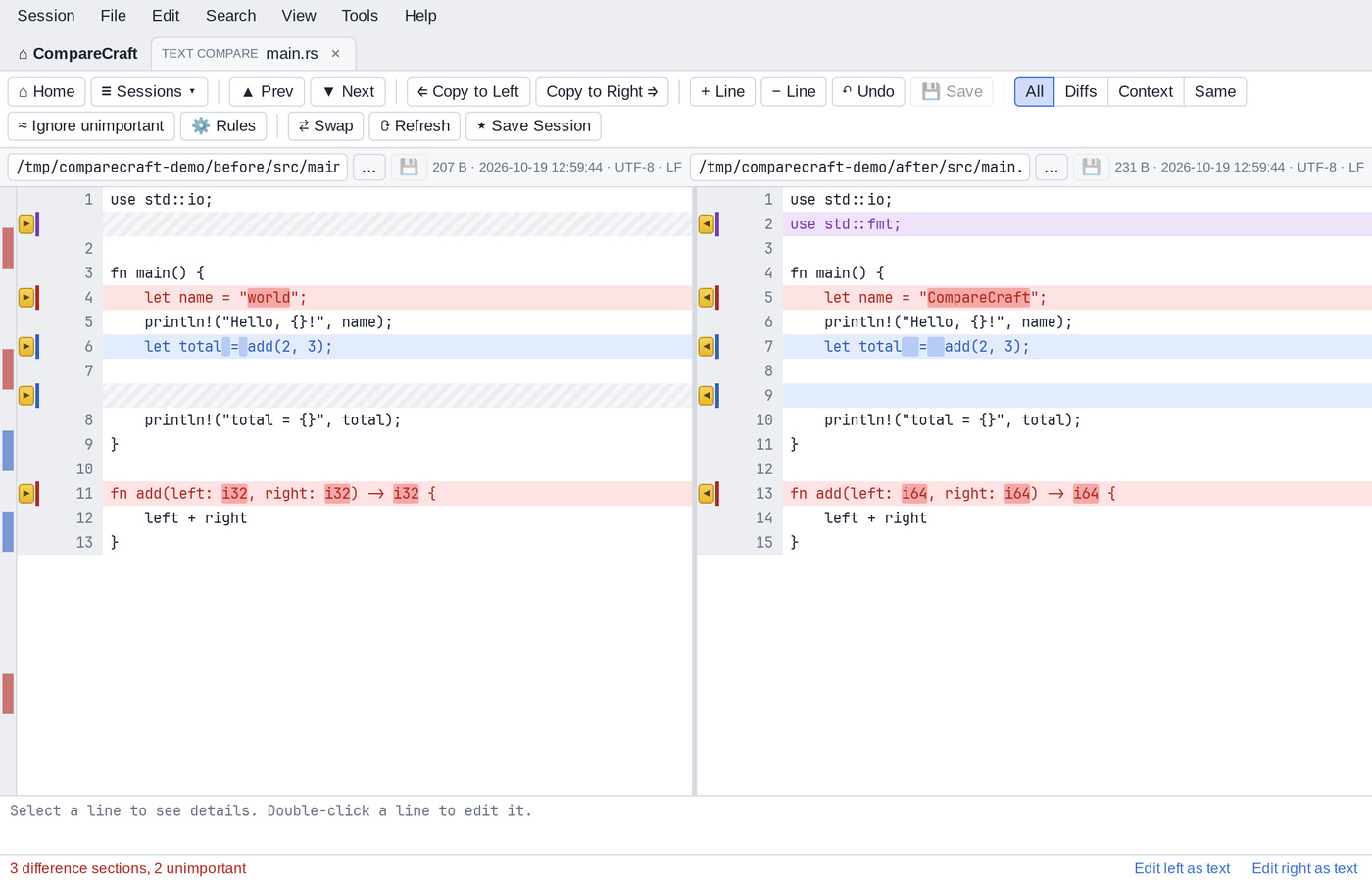 A Text Compare session showing two versions of a file side by side