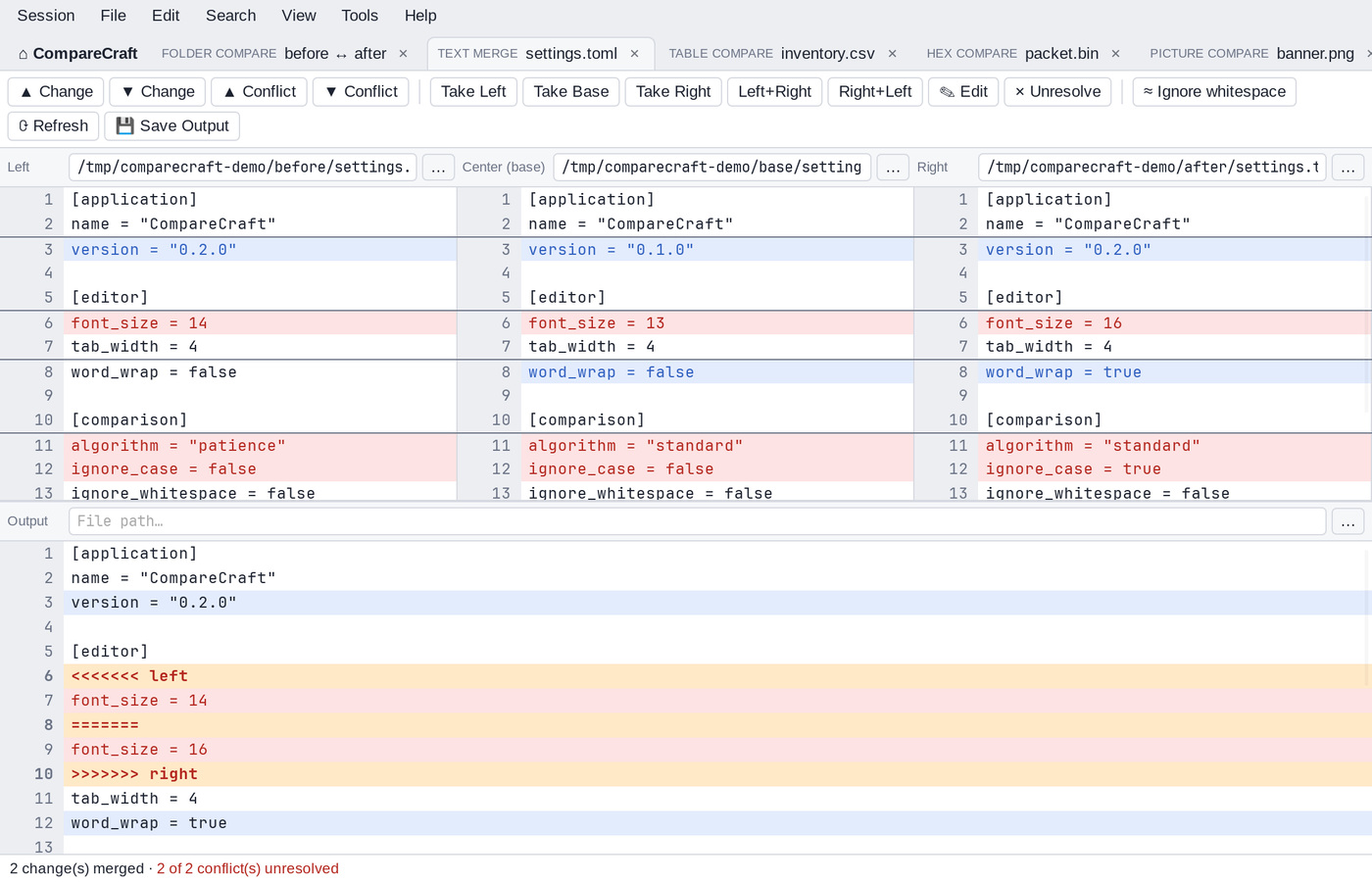 Text Merge with left, base and right panes above the output pane