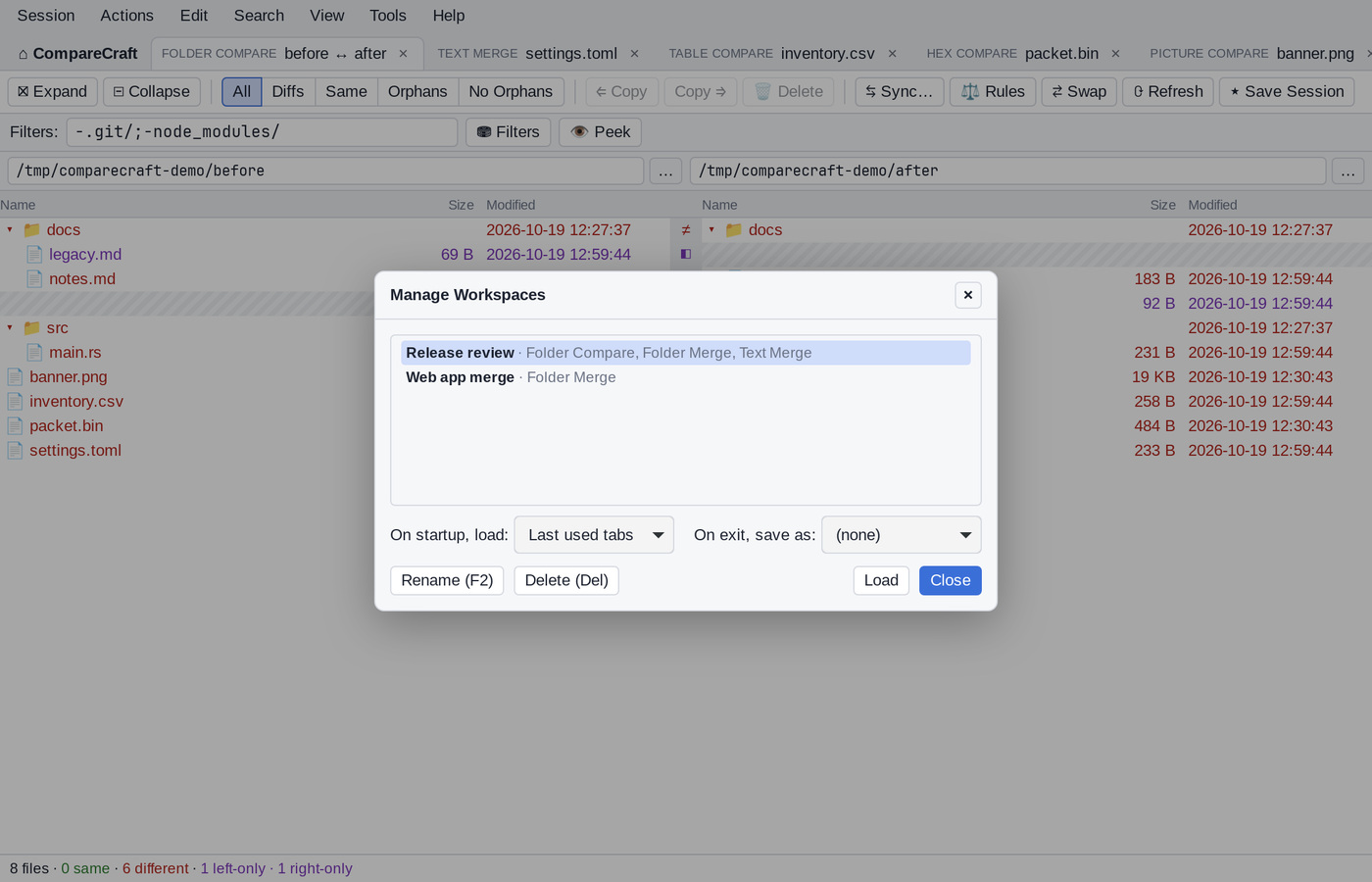The Manage Workspaces dialog listing two saved workspaces